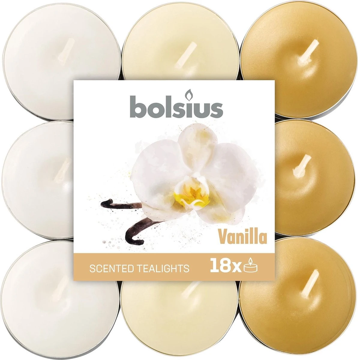 Bolsius Geurkaarsen Theelicht Vanilla Bruin/wit 18 Stuks - 3 Verpakkingen Van Elk 18 Stuks 4 Bolsius Geurkaarsen Theelicht Vanilla Bruin/wit 18 Stuks - 3 Verpakkingen Van Elk 18 Stuks - Afbeelding 2