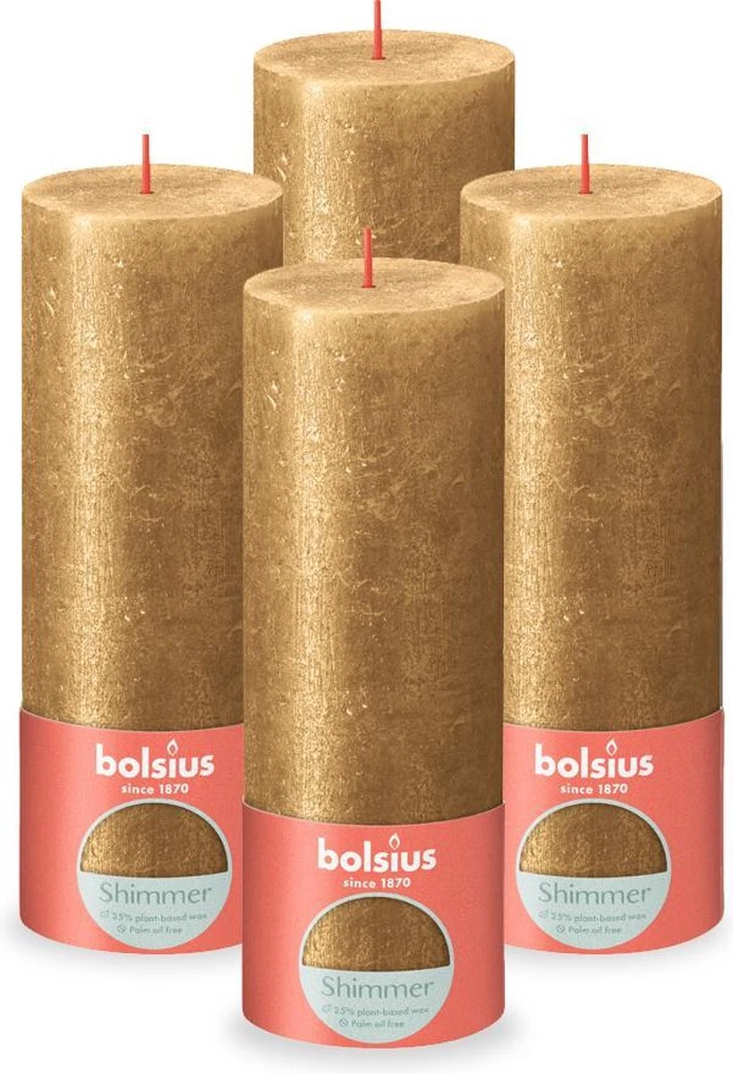 Bolsius - Rustieke Kaars Shimmer - 4 Stuks - Metallic - Goud - 19cm 3 Bolsius - Rustieke Kaars Shimmer - 4 Stuks - Metallic - Goud - 19cm