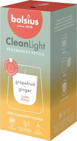 Bolsius Geurkaars CleanLight Navulling Grapefruit & Ginger 20 Uur D 5,5 H 11,6 Cm 2 Stuks